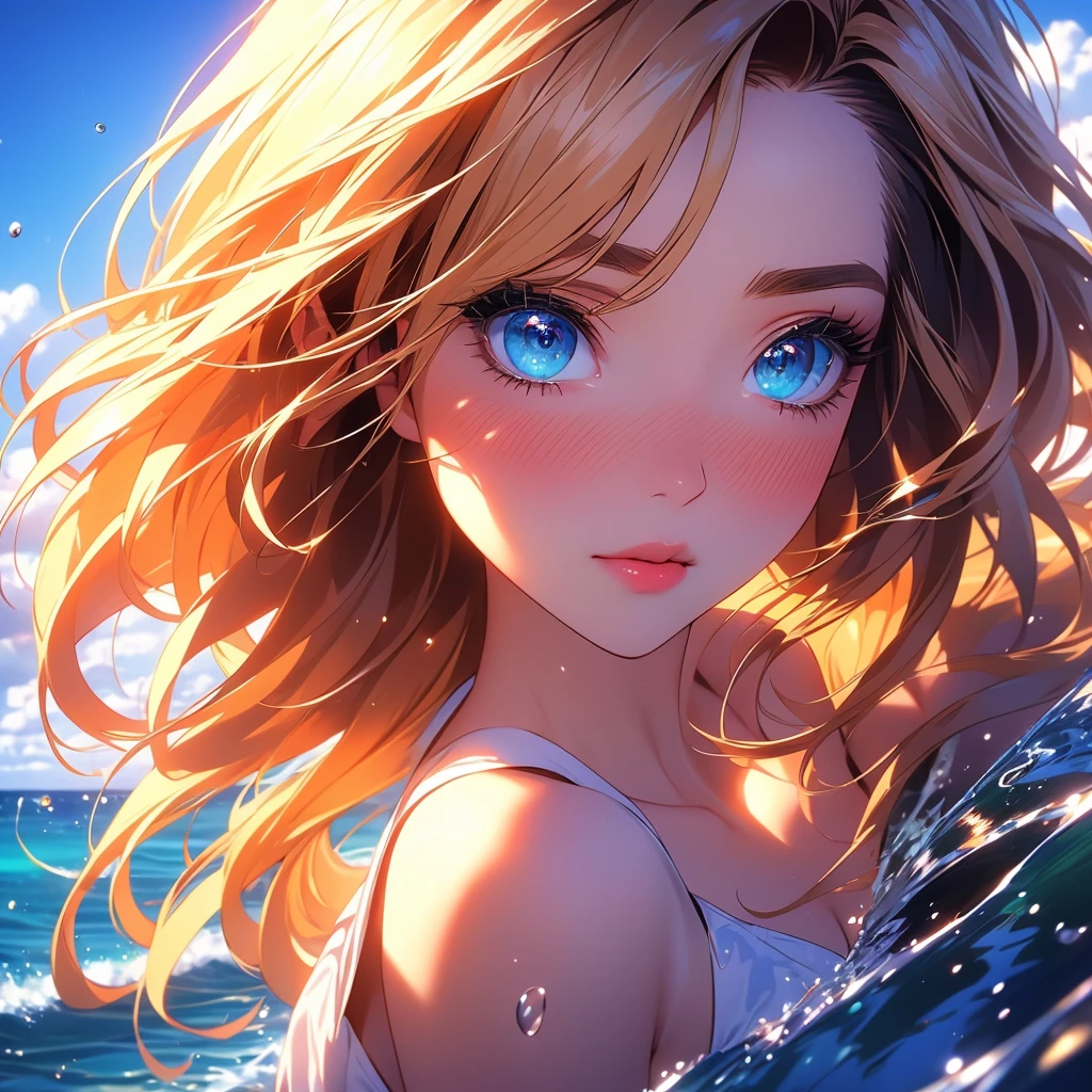 a beautiful woman in a white bikini standing on a beach, looking directly at the viewer, with long blonde hair blowing in the wind, blue eyes, and a slight blush on her cheeks, surrounded by palm trees, a cloudy blue sky, and waves crashing against the shore, masterpiece, photorealistic, ultra-detailed, hyper-realistic, 8k, cinematic lighting, vibrant colors, dramatic composition, (Perfect details:1.1), (Beautiful and clear background:1.2), (Extremely detailed CG, Ultra detailed, best shadow:1.1), (Finely detailed beautiful eyes)