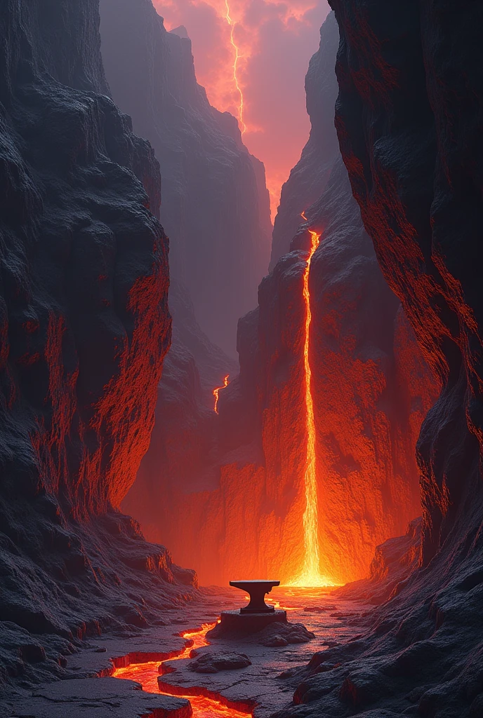 Hollowed out Volcanic mountain flowing lava falls blacksmith forge inside the mountain Anvil blacksmith hammer no people