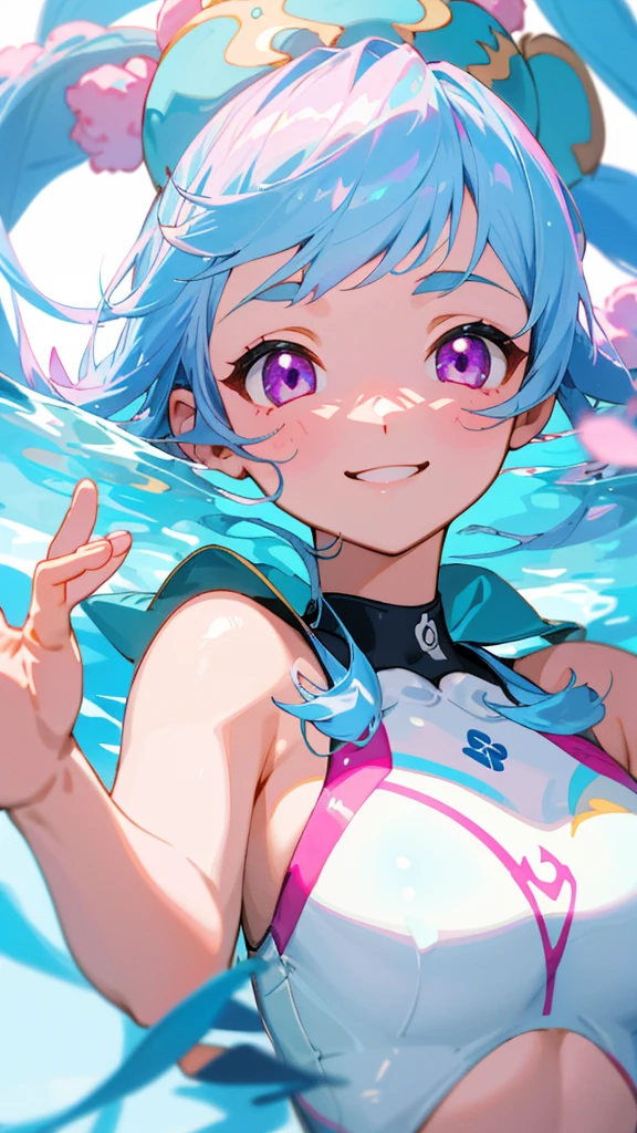 Girl、Light blue hair、Pink Eyes、Synchronized Swimming Costume、Acorns、smile、Upper body close-up、(Highest quality, High resolution:1.2, Very detailed)