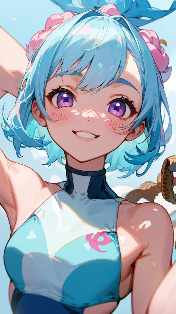 Girl、Light blue hair、Pink Eyes、Synchronized Swimming Costume、Acorns、smile、Upper body close-up、(Highest quality, High resolution:1.2, Very detailed)