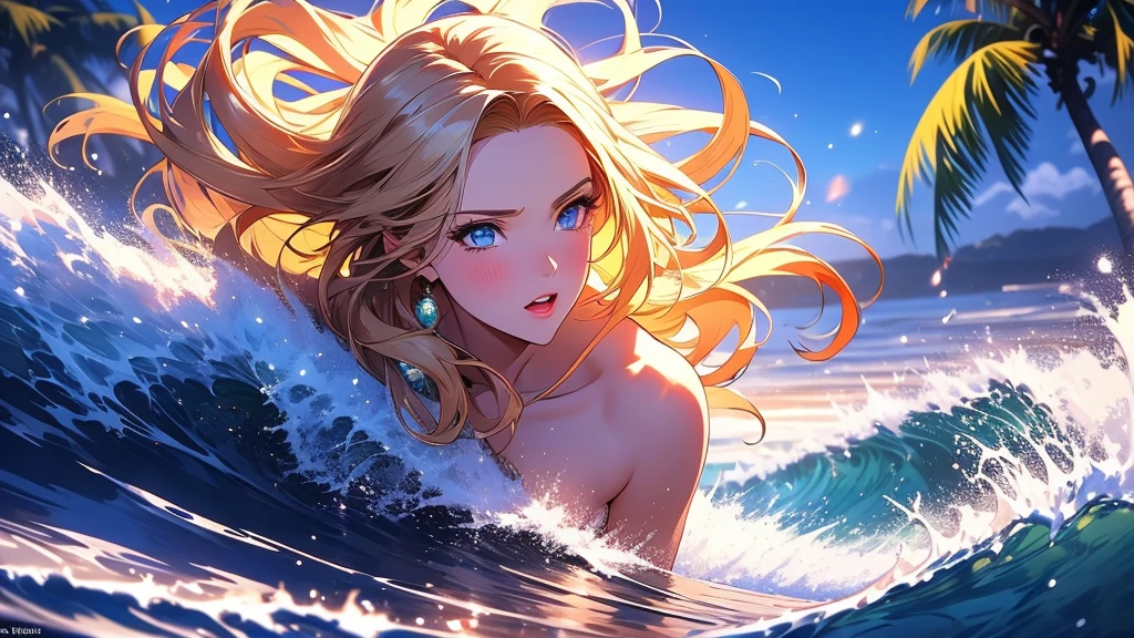 （Afilado、HighDynamicRange、highest qualityr、8ｋ）、Gran derrame fuera de la parte superior del cuerpo、El cabello：una rubia、bun hair、Trenzas、Prendas：Figura en topless、swimsuit、The location：Waterside、A river、action：doblar la mano con、