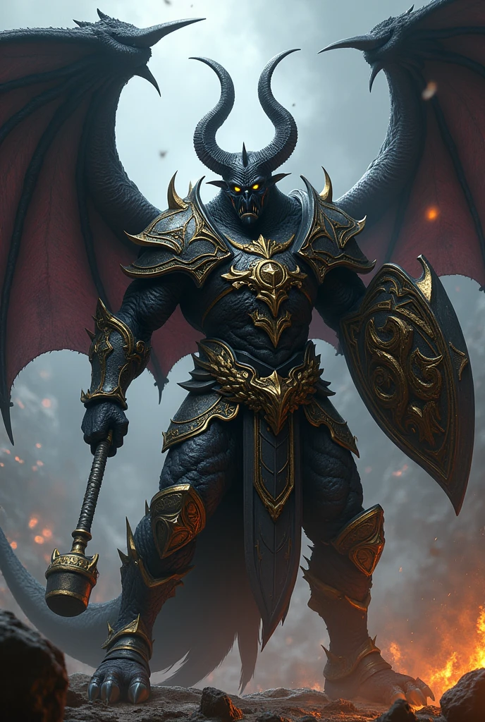 A DARK BLACK DRAGONBORN PALADIN WITH YELLOW EYES, LONG CURVED HORNS AND DEMONIC WINGS,WEARING FULL SCALE ARMOR AND WITH A WAR HAMMER IN HIS MAIN HAND AND SHIELD IN HIS OTHER HAND.