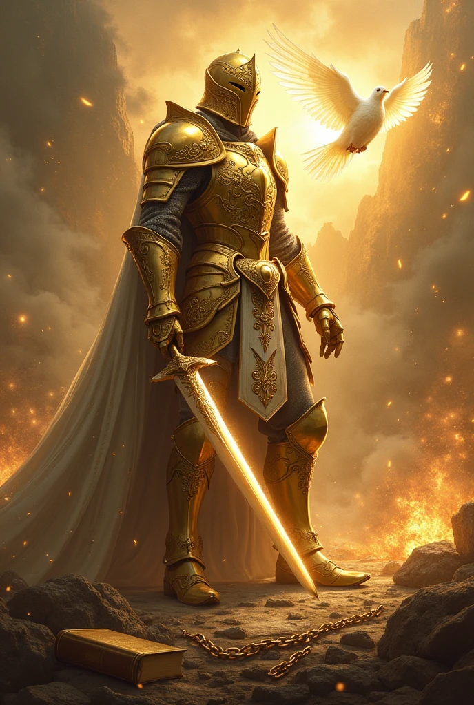 fund: WITH A LIGHT FROM THE SKY a battle landscape, to create a sense of conflict and intensity.
soldier: At the center, a soldier in shining GOLD COLOR armor, with shimmering metallic details. Armor must be detailed and imposing, reflecting light to create a glowing effect.
elsword: The soldier is holding a sword firmly, and the blade should look sharp and powerful. The sword may be cutting chains that are falling apart around it.. Chains can be represented with iron details, some breaking or falling apart.
chains: The mooring chains may be visibly breaking or being cut by the sword. You can show some of them falling to the ground and others still partially attached., to emphasize the act of liberation.
Additional Elements:A HOLY SPIRIT DOVE FLYING with a lot of light around the dove Depending on the style you want, you can add details like glow around the sword, sparks of energy, or a subtle shine on the armor to increase the visual impact. A BIBLE ON THE FLOOR