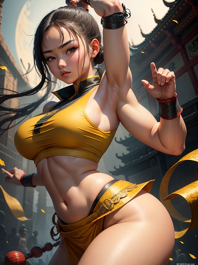 Master piece, best quality, graphics, colors and textures, ultra detailed, shaolin martial arts temple warrior girl, precious face and body, big rounded ass in a shaolin temple scenario 