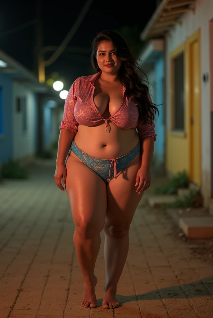 Generate a full-body, nude image of a transsexual, 40 years old, with a humble and suffering appearance, completely naked, standing waving and with a smiling and sexually provocative expression, masculine face with wrinkles and expression lines, big forehead, oblique face with prominent and wide chin, full eyebrows, voluminous body, big silicone breasts, voluminous and silicone buttocks, thick-thighs, legs thick, broadshouldered, wide hip, wearing large-framed glasses and big, full lips, eyes with drooping eyelids, long black wavy hair, sandal highheels, small red women&#39;s pockets, makeup applied. The scene is at night near the entrance of a cheap, humble and degrading motel..