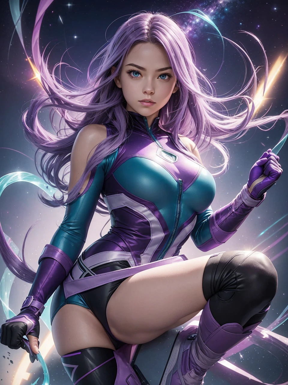 female Starlight Glimmer long Moderate purple with lighter purple and pale light, grayish aquamarine highlights hair super hero miss marvel avengers earth mightiest heroes one piece swimsuit speedo sport shoes gloves