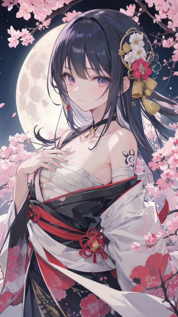 (((((roll up bandage sideways on a chest tightly to cover the chest without gaps))))), (((bandage samweways))),, ((Japanese Gangster BOSS)), adult woman with the dignified presence, Killing Qi, wear nothing around shoulder, wear nothing around neck, wear the kimono, wear it below the waist, (I wind it up to control it, and to attach it), ((kimono come off)) ,wear the kimono multiple times, Bare shoulders and the clavicle, black and gold kimono, put on over jacket of kimono, (holding a japanese sword which shine in purple, The handle of the sword is black, and the blade is gray, long sword), eye fire, low angle, whole body, anime character, Glaring, off sholder, nappropriate smile, Excellent, black blue hair, can see both shoulder, ((long kimono hem)), small face, ((some cherry blossam big tattoo on the arm)), ((background Japanese gate with circlr mark)),muscular,drink sake,fullmoon in the sky, The kimono is spreading,(((ultra-detailed))),super beautiful,Masterpiece,Killing Qi,Intimidation,zoom up, a person,Selfish person,in japanese veranda