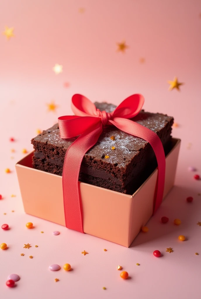A box of 6 brownies with a bow on the outside, decorated for birthday