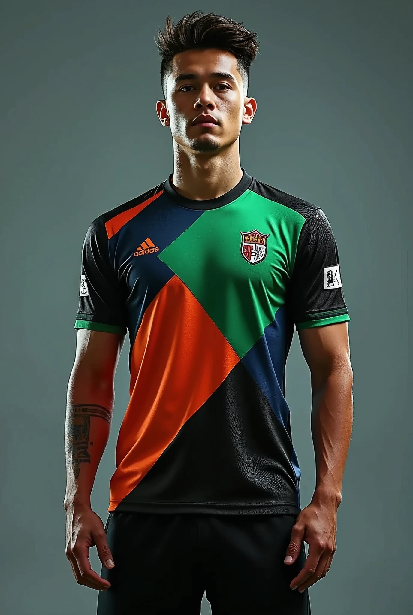 shirt for a football team using the colors black, green, orange and blue