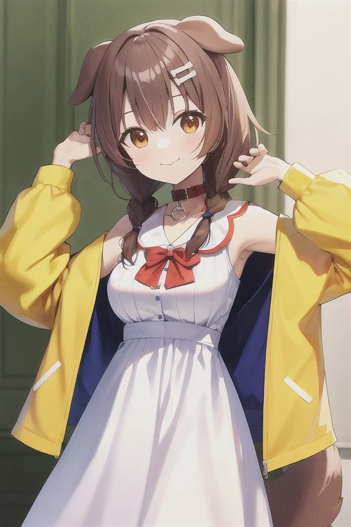 masterpiece, best quality, absurdres, cowboy shot, standing,
Korone, indoors, :3, smile, dog girl, dog ears, dog tail, twin braids, sidelocks, hair ornament, medium breasts,
((white dress)), yellow jacket, bow, collar, collarbone, dress, jacket, open clothes, open jacket, red bow, short dress, sleeveless dress,
