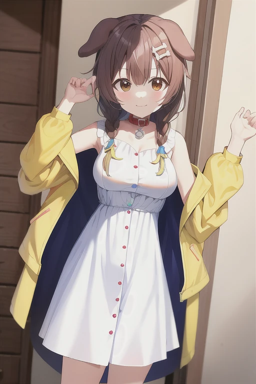 masterpiece, best quality, absurdres, cowboy shot, standing, 
Korone, indoors, :3, smile, dog girl, dog ears, dog tail, twin braids, sidelocks, hair ornament, medium breasts, 
 ((white dress)), yellow jacket, bow, collar, collarbone, dress, jacket, open clothes, open jacket, red bow, short dress, sleeveless dress,