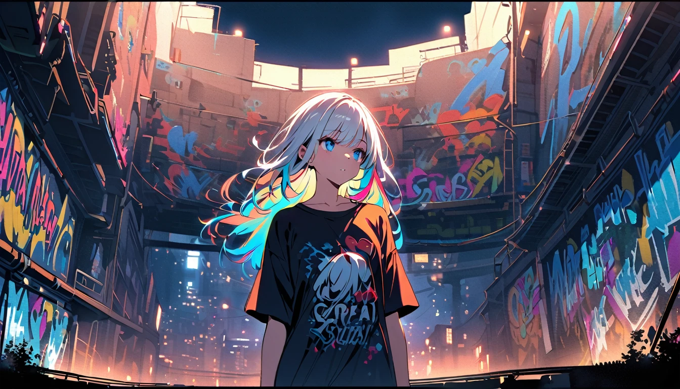 HD 8K Handsome sexy, Solitary, 1 female, Medium Length Hair, white hair, Rainbow hair, blue Eyes panoramic, in the night, looking away, big t-shirt, outdoor, White clouds, graffiti Popularity spray art wall panoramic, vibrant, cityscape, Tokyo night