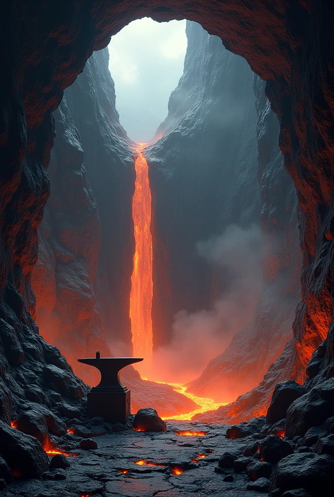 Hollowed out Volcanic mountain flowing lava falls blacksmith forge inside the mountain Anvil blacksmith hammer no people
