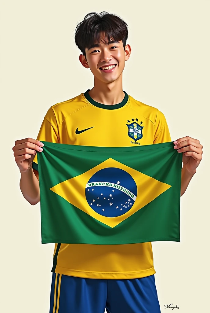 Suga from BTS wearing a Brazilian shirt and holding the flag
