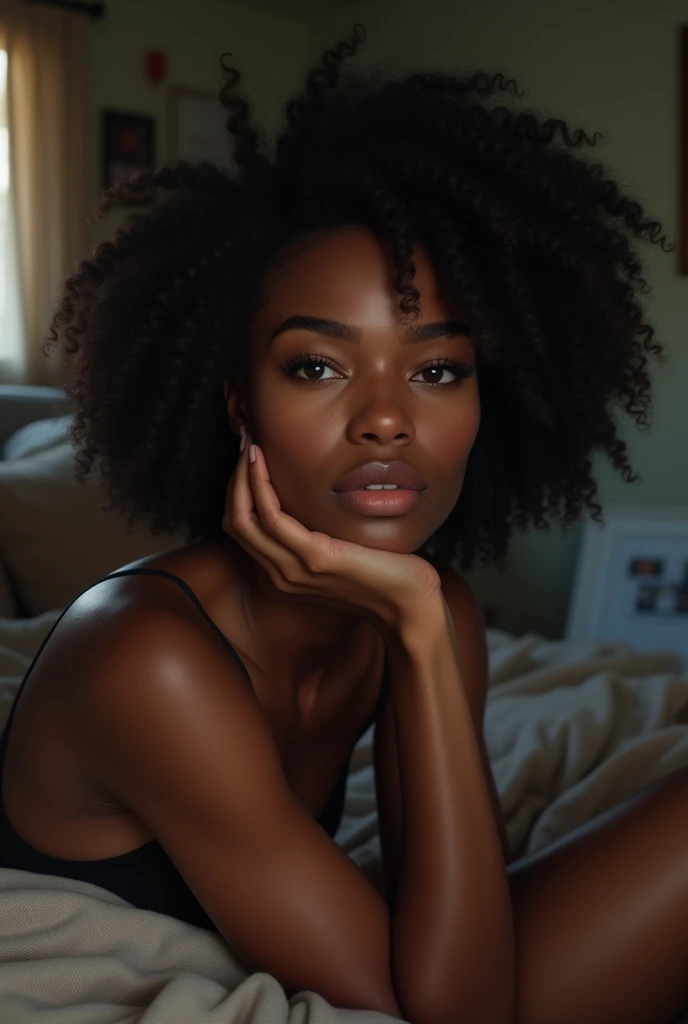 A naked black Brazilian woman showing her genitals with her finger in her pussy lying on the bed