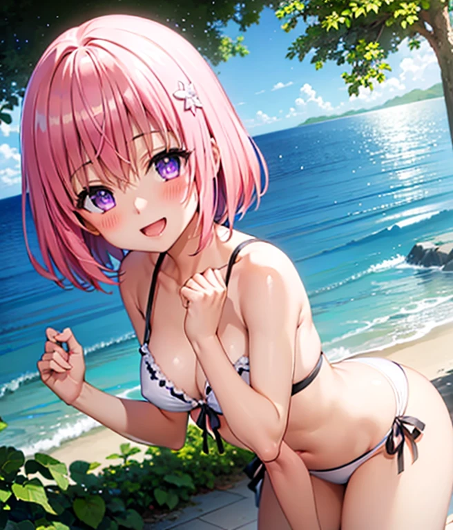 (Highest quality), (masterpiece), high resolution, Portraiture, close,Beach、Tiny sexy bikini
, momo velia deviluke, Sexy Pose、hair ornaments, Bobcut, Short Hair Pink Hair, Purple eyes, (Big Breasts), , , (blush:1.2), smile,smile、Open your mouth