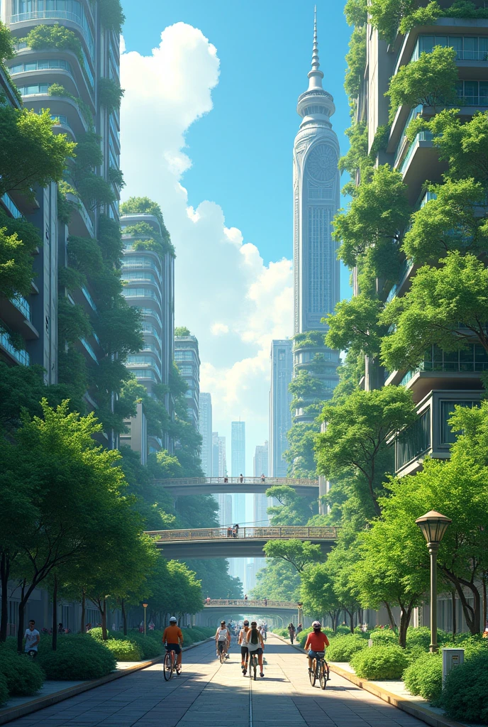 The illustration could depict a bustling city with skyscrapers adorned with lush greenery. The streets are lined with trees and plants, and bridges connect different parts of the city with elevated green pathways. Rooftops are transformed into mini-forests, and solar panels are integrated into buildings, providing clean energy. The air looks clean and fresh, with fewer vehicles and more space for pedestrians and cyclists.
