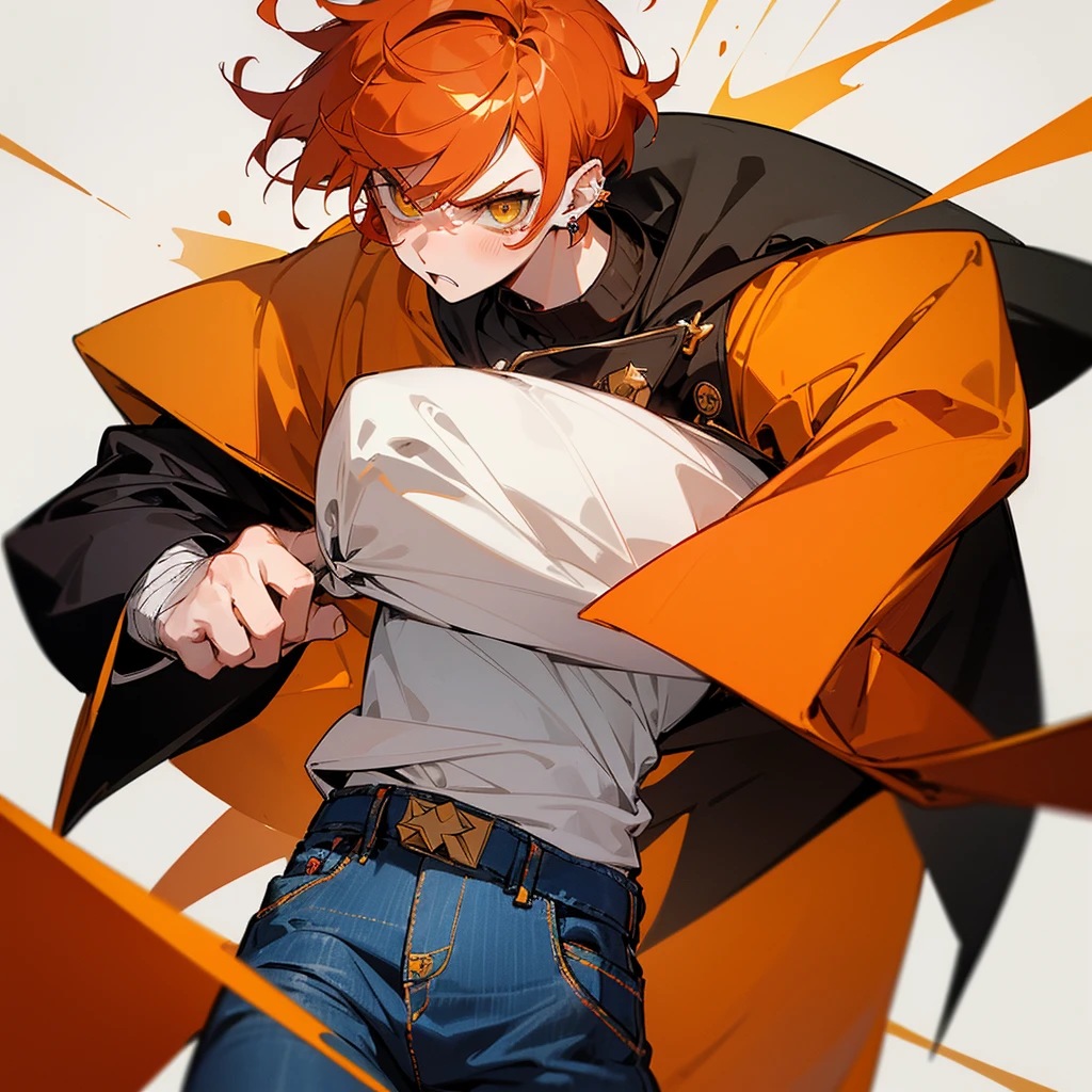 anime boy, short boy, , orange hair, yellow eyes small, cute, short hair, boy, small, long sleeve, hair with bangs, dark colors

(*I'm Elliot, a short boy with 5'3, I wear a black oversized jacket, with gay flag pin,over a black and red striped shirt, jeans, a red all star some hand rings and ear piercings, I had ginger short curled hair with white skin and yellow eyes, I have an angry, annoyed, extrovert, I blush easily at certain things, which make me have a Tsundere personality but also too much honest personality and I have a cute appearance for being short, my favorite things are desserts, art, games, music and fights)

(I was actually a pretty boy, but I always ended up in fights because I was a troublemaker. Which also results in me getting hurt in fights)

(I was short, cute, but extremely short tempered and threatening)


delinquent, mean, badass

cigarette, background in a dark alley, bandages 