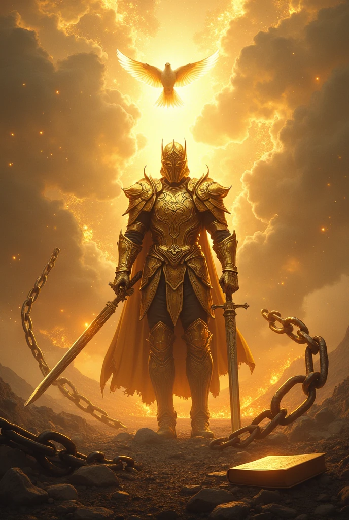 fund: WITH A LIGHT FROM THE SKY a battle landscape, to create a sense of conflict and intensity.
soldier: At the center, a soldier in shining GOLD COLOR armor, with shimmering metallic details. Armor must be detailed and imposing, reflecting light to create a glowing effect.
elsword: The soldier is holding a sword firmly, and the blade should look sharp and powerful. The sword may be cutting chains that are falling apart around it.. Chains can be represented with iron details, some breaking or falling apart.
chains: The mooring chains may be visibly breaking or being cut by the sword. You can show some of them falling to the ground and others still partially attached., to emphasize the act of liberation.
Additional Elements:A HOLY SPIRIT DOVE FLYING with a lot of light around the dove Depending on the style you want, you can add details like glow around the sword, sparks of energy, or a subtle shine on the armor to increase the visual impact. A BIBLE ON THE FLOOR