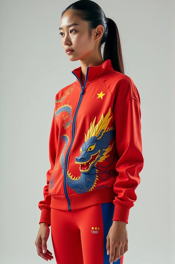 Create an image of a technical drawing (sketch) Front and back of women&#39;s uniform with pants and sweatshirt from China for the opening of the Olympics, with flag color and dragon details.