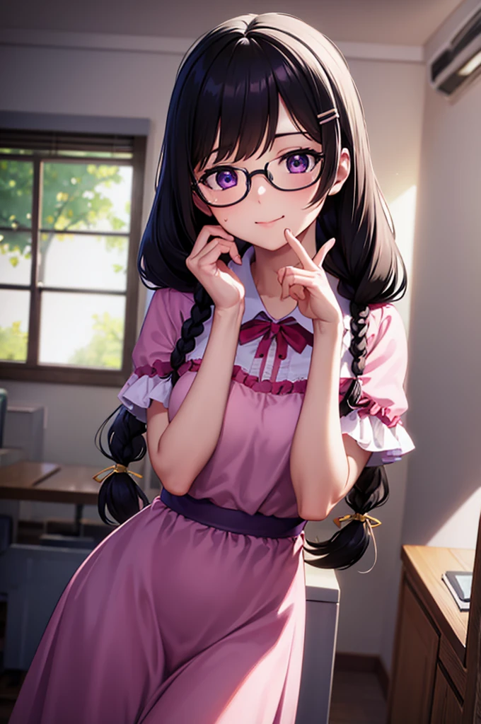 hanekawatsubasa, hanekawa tsubasa, long hair, black hair, hair ornament, (purple eyes:1.1), braid, hairclip, twin braids, naoetsu high school uniform, glasses, BREAK cyb dress, pink dress, frills, see-through short sleeves, wrist cuffs BREAK indoors, classroom, BREAK looking at viewer, BREAK (masterpiece:1.2), best quality, high resolution, unity 8k wallpaper, (illustration:0.8), (beautiful detailed eyes:1.6), extremely detailed face, perfect lighting, extremely detailed CG, (perfect hands, perfect anatomy), smile, dynamic pose, cowboy shot