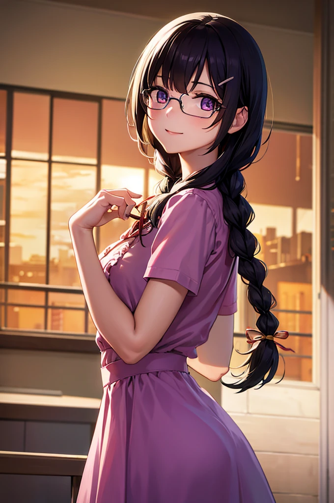 hanekawatsubasa, hanekawa tsubasa, long hair, black hair, hair ornament, (purple eyes:1.1), braid, hairclip, twin braids, naoetsu high school uniform, glasses, BREAK cyb dress, pink dress, frills, see-through short sleeves, wrist cuffs BREAK indoors, classroom, BREAK looking at viewer, BREAK (masterpiece:1.2), best quality, high resolution, unity 8k wallpaper, (illustration:0.8), (beautiful detailed eyes:1.6), extremely detailed face, perfect lighting, extremely detailed CG, (perfect hands, perfect anatomy), smile, dynamic pose, cowboy shot