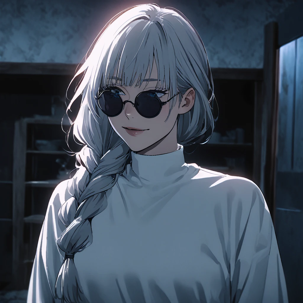 1 girl, female Gojo Satoru, Screenshot from the anime Jujutsu Kaisen, gojo satoru female version, standing alone, far away_body hair, ((single braid)) cerulean eyeballs, ((very far away white_body hair and single braid)), night vision, breastsouts, upper_cos, ssmile, Inside the house, Boken, bangss, cerulean_eyeballs, lips, (Wearing Round Sunglasses) (far away body hair, swept bangss)) wearing black shirt, breastsout, "very detailed and high resolution" (cerulean eyeballs) ((one hand on chin)) ((smooth texture body hair)) ((standing alone)) ((high resolution)) ((full cos)) (good quality) neckleace, ((white body hair)) ((body hair braid))