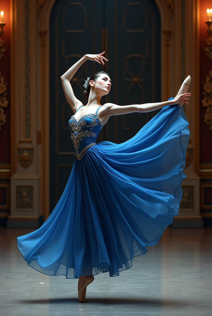 Ballerina with classical ballet pose in luxurious blue costume
