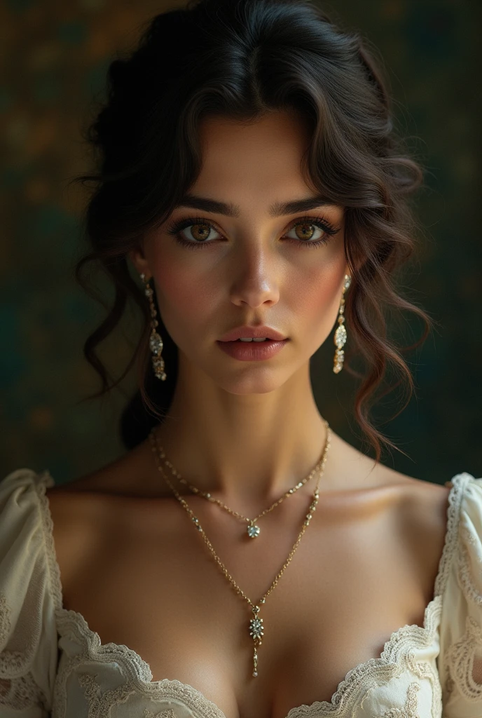 Wavy brown hair, (RAW photo, realism: 1.8), (very dark lip gloss, jet black lipstick, many eyelashes, dark black eye shadow, shy, blushing, high quality, high resolution, depth of field, chromatic aberration, caustic, wide light, natural colors, 30 year old woman), necklaces, chokers, earrings, bracelets, wear many accessories, wearing traditional Pakistani clothes, white color dress, and white hijab, woman very big , soft skin, white skin, slim nose, beautiful eyes, The Casual Hip Stance poses, 8k results, high resolution, realistic,