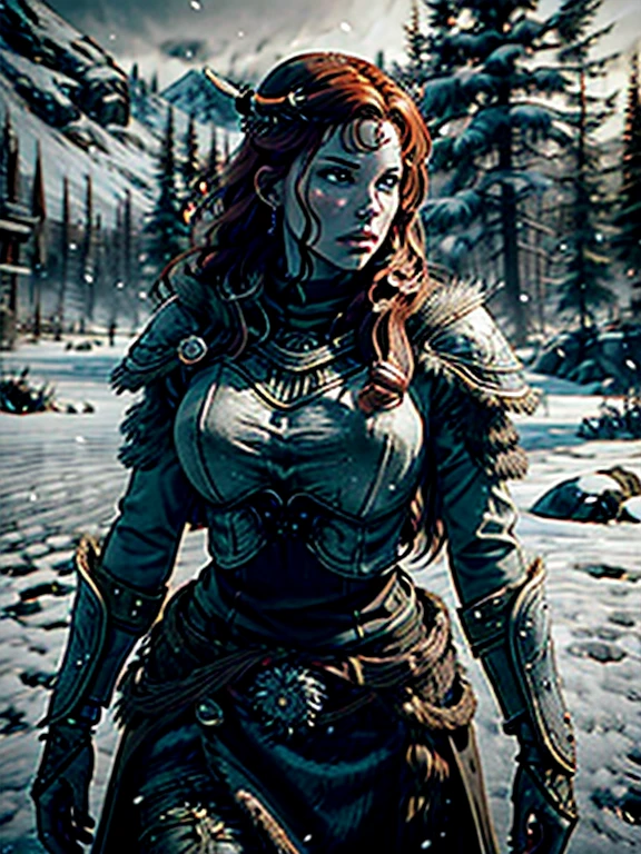 aela the huntress with long red hair in ancient nord armor, standing in a snowy field, holding a bow, winter landscape, dramatic lighting, detailed facial features, intricate armor details, volumetric snow, glowing magical runes, cinematic composition, mist, cold atmosphere, photorealistic, 8k, highly detailed, masterpiece