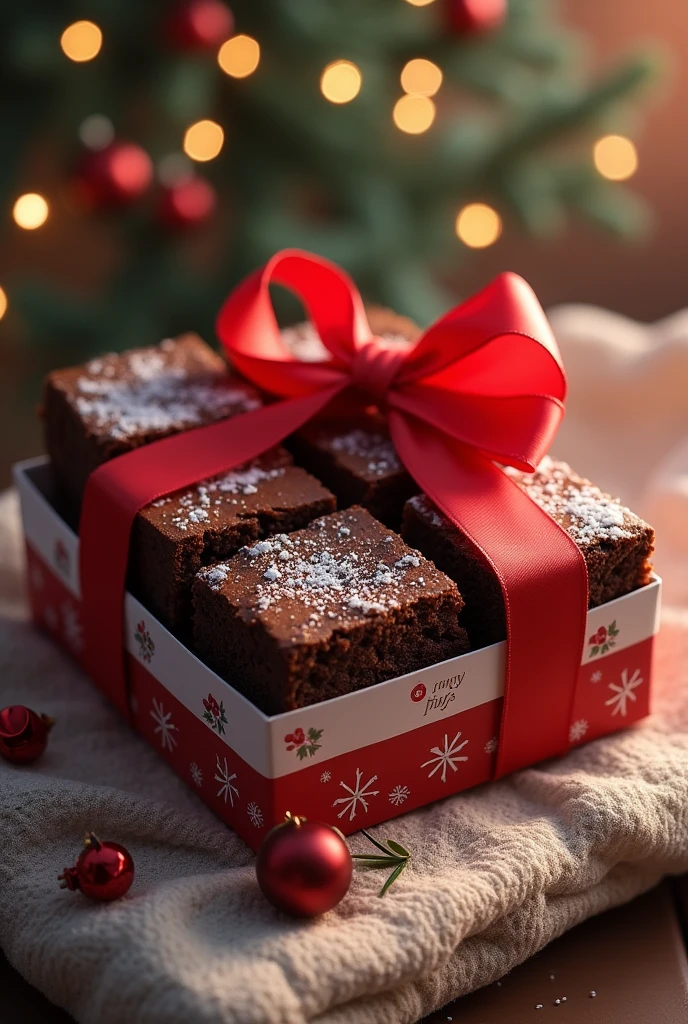 A box of 6 brownies with a bow on the outside, decorated for christmas. real