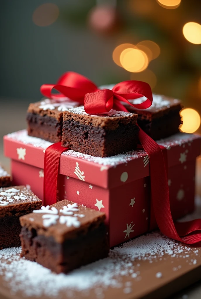 A box of 6 brownies with a bow on the outside, decorated for christmas. real