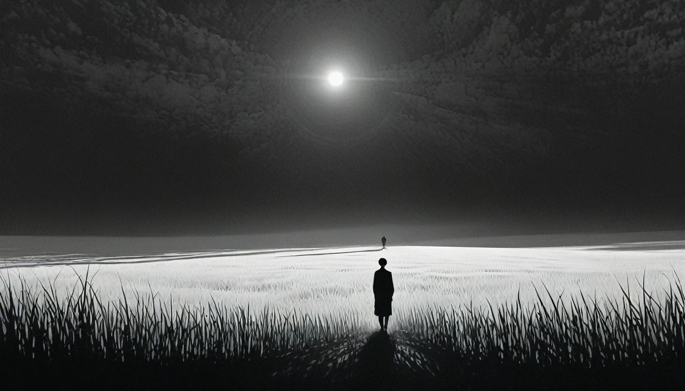 Person standing in an empty field, their shadow elongated by the setting sun, minimalist Journey,highres,ultra-detailed,realistic,portrait,monochrome,contrast,bold lines,dark atmosphere,simple composition,dramatic lighting,expressive face,subtle emotions,striking gaze,intense stare,simple clothing,mysterious background,haunting beauty,graceful pose,mysterious aura,vivid black and white tones,ethereal,concept art,journey of self-discovery,quiet introspection,depth of the soul,symbolic representation,minimalist environment,subtle details,emotional depth,striking simplicity,balance of light and darkness,surreal experience,striking shadows,subtle textures,detailed expression,striking visual impact,straightforward yet thought-provoking,wide range of emotional interpretation,shadow,anatomical correct:2