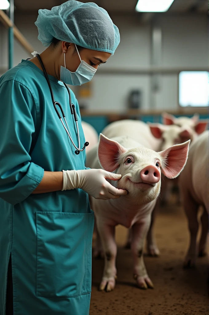 An Asian veterinarian, wearing a clean white lab coat and protective gloves, is working diligently in a hog farm. The image captures the veterinarian checking on a healthy pig, ensuring its well-being. The veterinarian uses a stethoscope to listen to the pig's heartbeat, displaying a look of concentration and care. The background showcases the hog farm's clean and organized environment, with other pigs visible in their pens, but artistically blurred to keep the focus on the veterinarian and the pig. The scene highlights the importance of animal care and the pig farming industry, emphasizing professionalism and dedication. Ensure the image is rendered in high resolution with dimensions of 6465 x 4301 pixels.