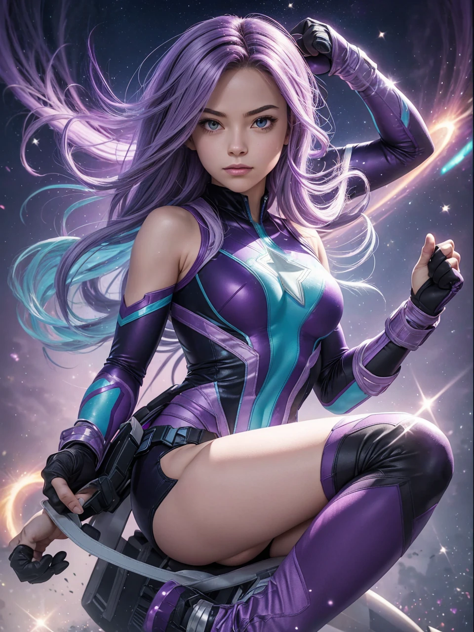 female Starlight Glimmer long Moderate purple with lighter purple and pale light, grayish aquamarine highlights hair super hero miss marvel avengers earth mightiest heroes one piece swimsuit speedo sport shoes gloves