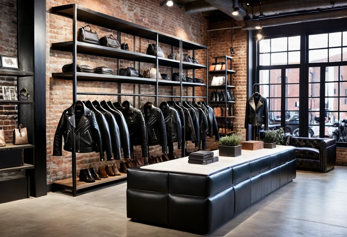 A stylish retail store interior featuring a display of black leather jackets. The store has a modern, industrial design with exposed brick walls and sleek metal shelving. The jackets are neatly hung on racks and displayed on mannequins. Soft lighting highlights the texture of the leather, and a large mirror is positioned on one side for customers to try on jackets. The store's atmosphere is cool and sophisticated, with minimalistic decor and a focus on the high-quality leather jackets