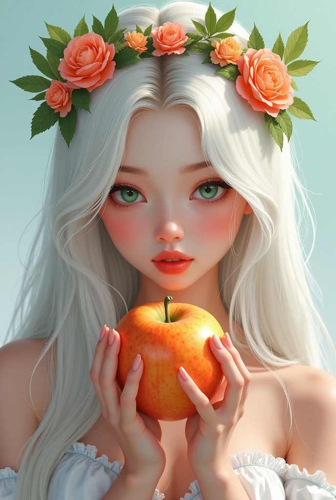 Hay una mujer sosteniendo una manzana y una corona de flores y de ojos verdes., portrait of Blanco como la nieve, obra de arte al estilo de guweiz, pale Blanco como la nieve skin, en el estilo artístico de bowater, loish y wlop, hermosa obra de arte digital, hermosa pintura de personajes, Blanco como la nieve, inspirado en WLOP, 4k de alta definición. Blanco como la nieve hair, pintura realista linda chica, Lalisa Manoban de Blackpink,(beautiful makeup :1.2), Wide hips, big, big ass, (best quality, 8K, masterpiece: 1.3), Clear focus: 1.2, Perfect body beauty: 1.4, strong abs, Very detailed face and skin texture. , detailed eyes, double eyelids, (long hair), having very marked curves, with greater volume in ((hips and breasts)), which makes the waist look much smaller ((wasp waist)).