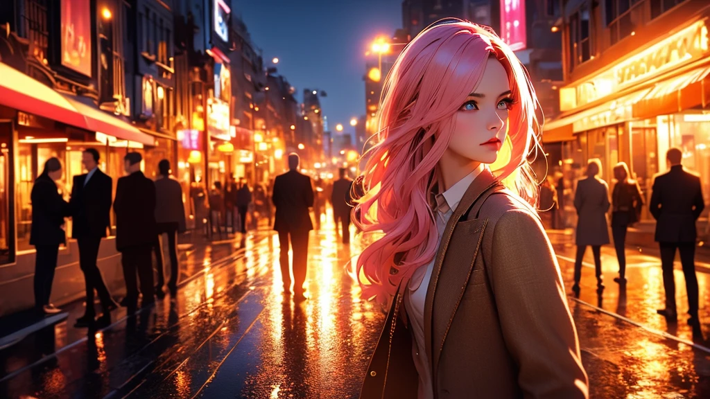 beautiful woman with expressive eyes, pink hair, beige dress, black jacket, posing, urban landscape, golden hour, shallow depth of field, romantic first date atmosphere, highly detailed, photorealistic, 8k, (best quality:1.2), (realistic:1.37), intricate details, dramatic lighting, vibrant colors, cinematic composition
