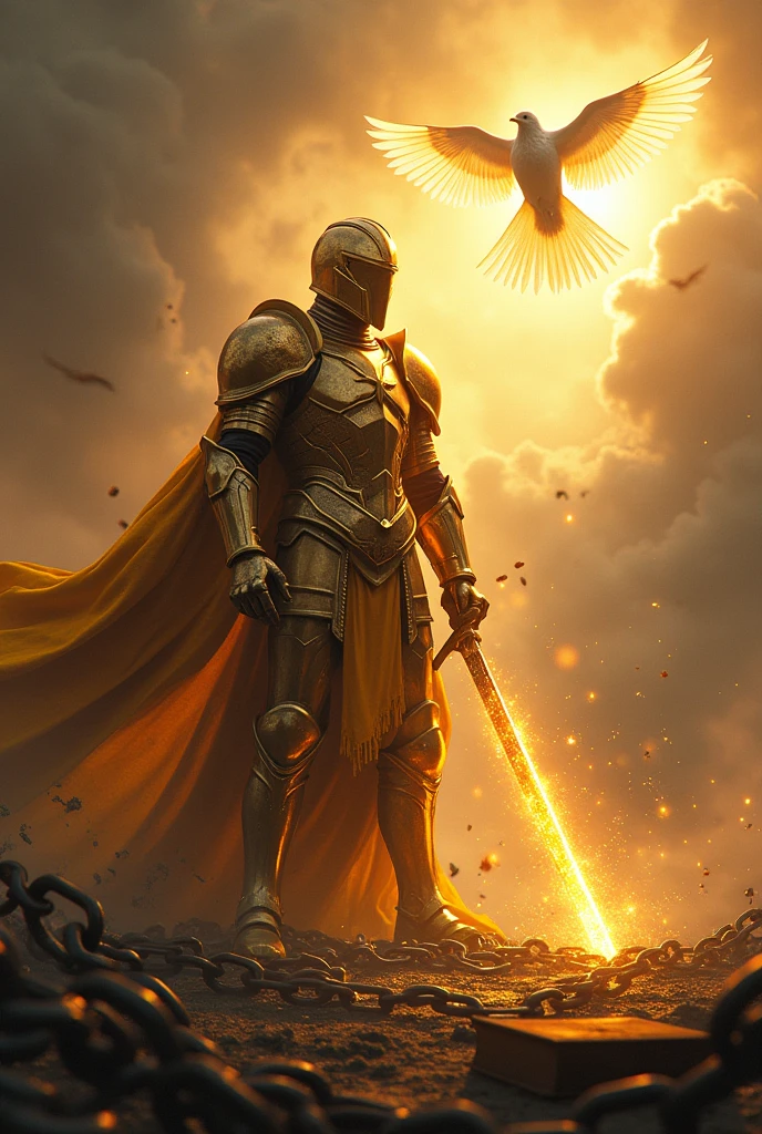 fund: WITH A LIGHT FROM THE SKY a battle landscape, to create a sense of conflict and intensity.

soldier: At the center, a soldier in shining GOLD COLOR armor, with shimmering metallic details. Armor must be detailed and imposing, reflecting light to create a glowing effect.

elsword: The soldier is holding a sword firmly, and the blade should look sharp and powerful. The sword may be cutting chains that are falling apart around it.. Chains can be represented with iron details, some breaking or falling apart.

chains: The mooring chains may be visibly breaking or being cut by the sword. You can show some of them falling to the ground and others still partially attached., to emphasize the act of liberation.

Additional Elements:A HOLY SPIRIT DOVE FLYING with a lot of light around the dove Depending on the style you want, you can add details like glow around the sword, sparks of energy, or a subtle shine on the armor to increase the visual impact. A BIBLE ON THE FLOOR 