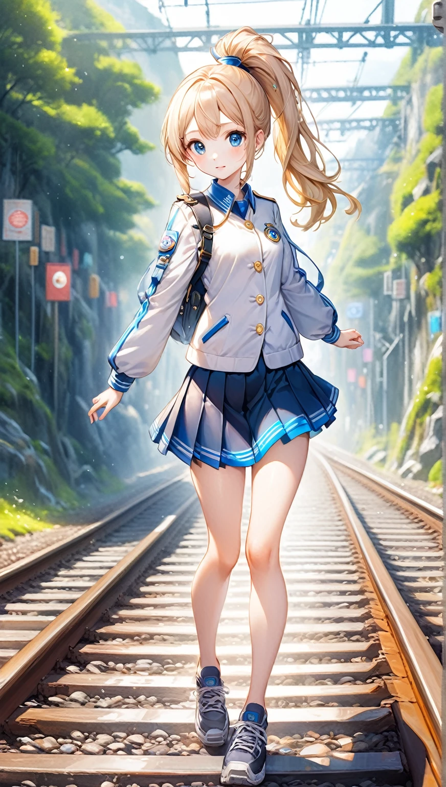 (Highest quality,8k,32K,masterpiece,Ultra-high resolution :1.2 ),born,One person,Super cute,Natural light,Clear, shining eyes,20-year-old,Fair skin,On the tracks,Electronic world fantasy background,ponytail,uniform,mini skirt,Fantasy,Artistic Beauty,whole body,Landscape painting,Beautiful scenery,Turn around