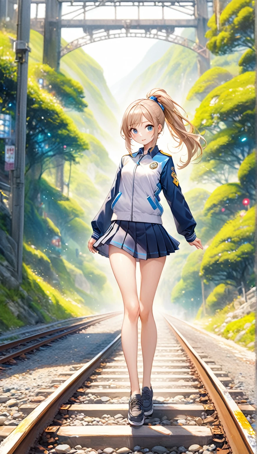 (Highest quality,8k,32K,masterpiece,Ultra-high resolution :1.2 ),born,One person,Super cute,Natural light,Clear, shining eyes,20-year-old,Fair skin,On the tracks,Electronic world fantasy background,ponytail,uniform,mini skirt,Fantasy,Artistic Beauty,whole body,Landscape painting,Beautiful scenery,Turn around