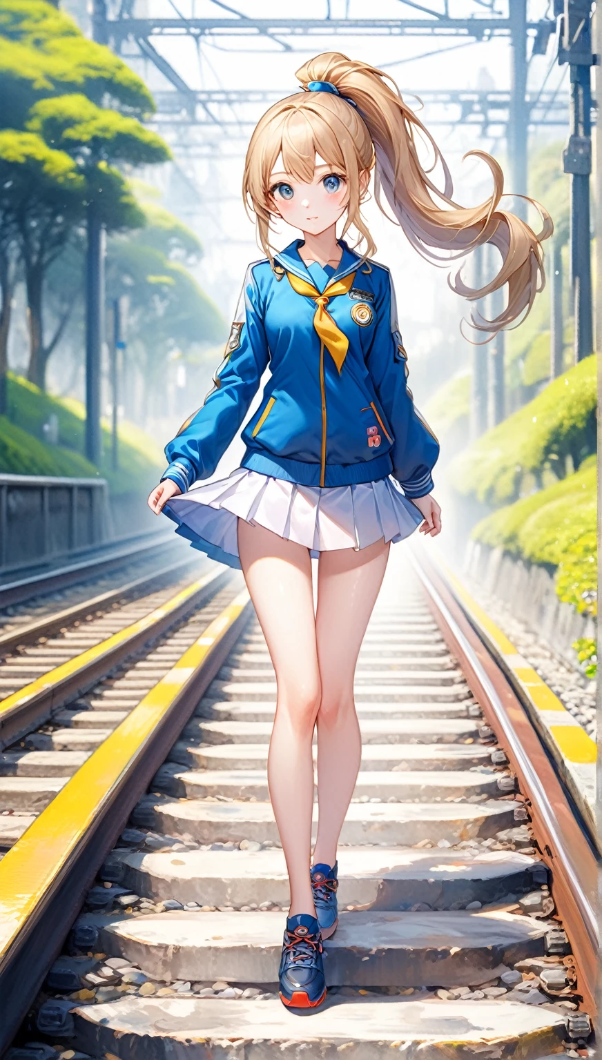 (Highest quality,8k,32K,masterpiece,Ultra-high resolution :1.2 ),born,One person,Super cute,Natural light,Clear, shining eyes,20-year-old,Fair skin,On the tracks,Electronic world fantasy background,ponytail,uniform,mini skirt,Fantasy,Artistic Beauty,whole body,Landscape painting,Beautiful scenery,Turn around