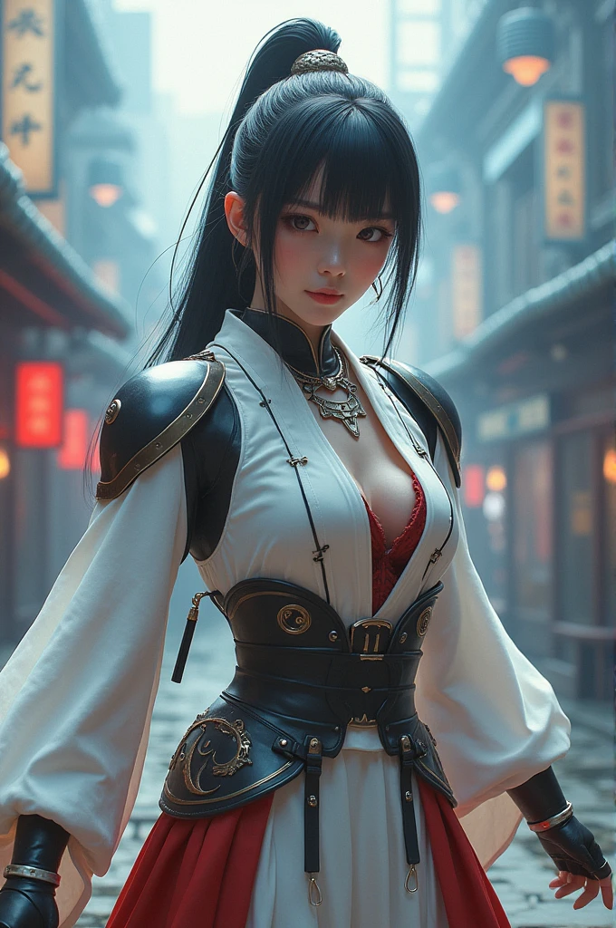 Highest quality 8K Japanese Beautiful Girl Fantastic World Futuristic costume Fantastic Background Long shot whole body Fantastic Building Fighting stance Sweat gushing forth