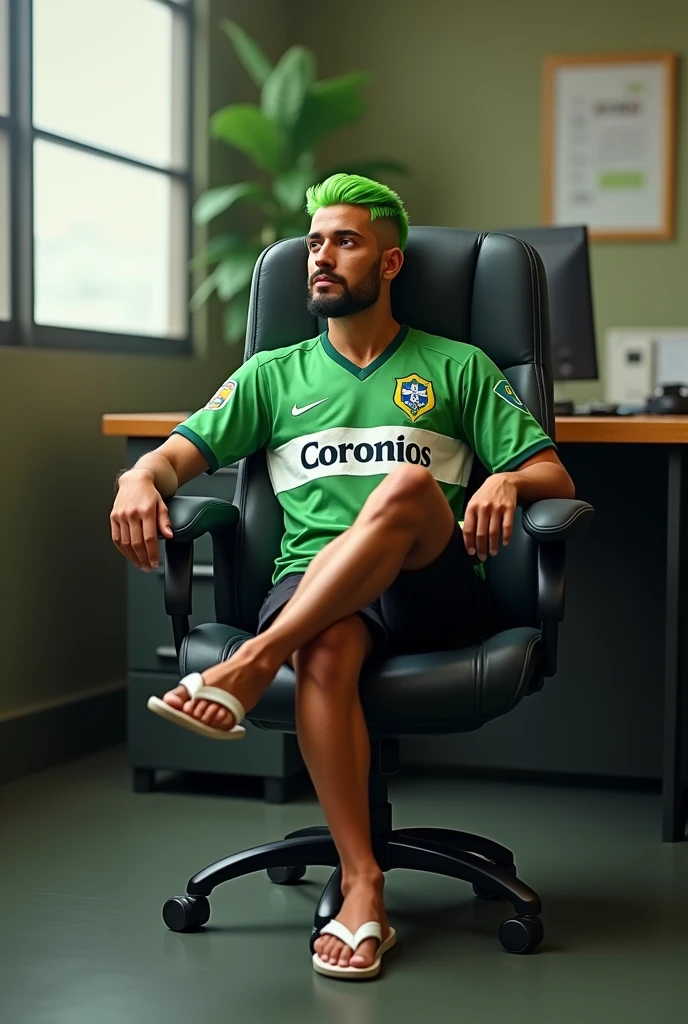 Um homem brasileiro, with straight green hair, Corinthians shirt, with black shorts and white flip-flops sitting in a secretary chair