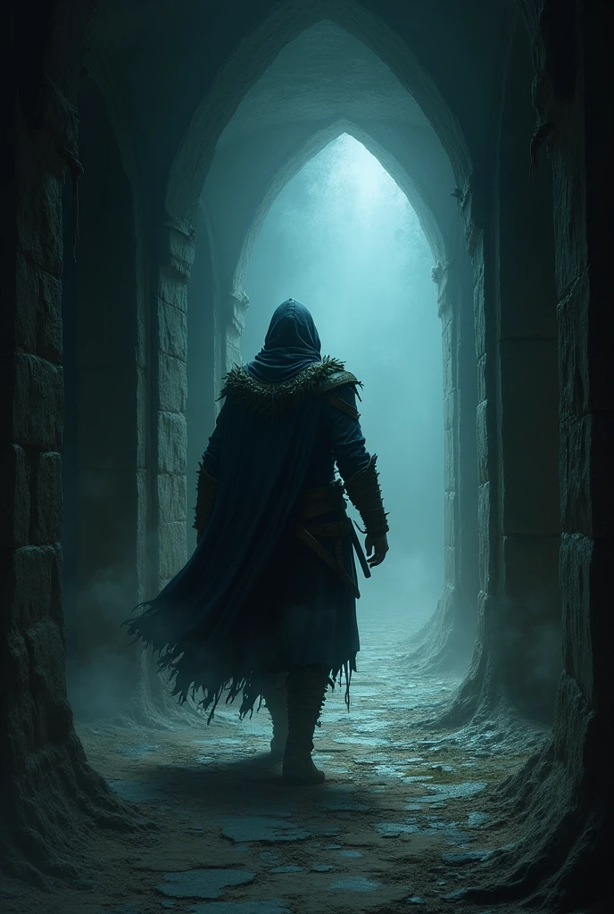 RPG Illustration A dark and narrow corridor, the shadows seem to come to life, murmuring inaudible words that fill the air with a sense of dread. A warrior advances cautiously, but his expression changes upon hearing the insidious whispers echoing around him. The whispers grow, enveloping your mind with promises and threats, weakening your resolve and sowing deep doubts. The shadows writhe and draw closer, as if they are about to completely envelop him, leaving him paralyzed with fear, unable to react."