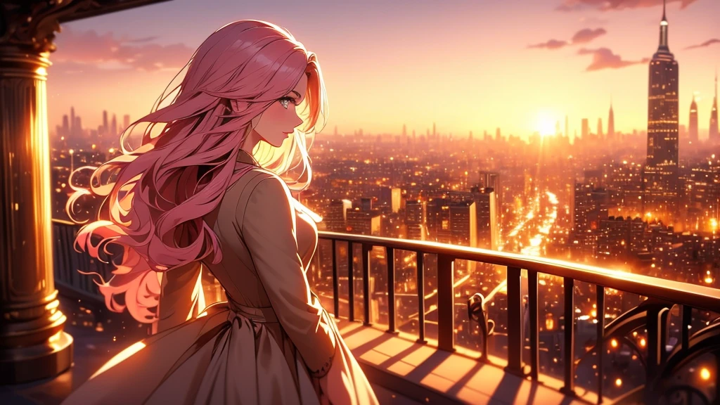 a beautiful woman with expressive eyes in a beige dress, posing, city landscape, black jacket, pink hair, golden hour, shallow depth of field, atmosphere of a first date and young love, masterpiece, best quality, 8k, hyperrealistic, photorealistic, intricate details, cinematic lighting, warm color palette, elegant, romantic, dreamlike