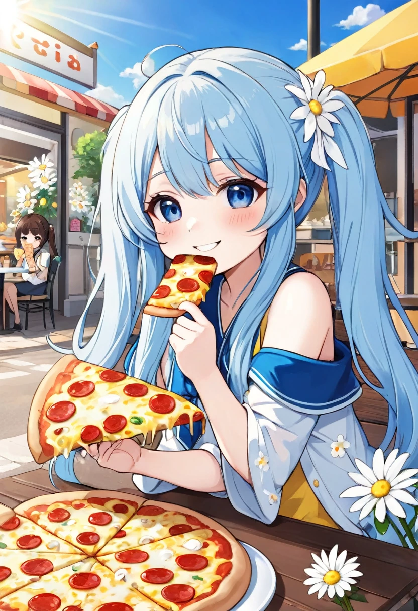 Light blue long hair、Cute chibi character with twin tails、Eating a big pizza、A deliciously beautiful smile、Cheese is smeared all over his cheeks.、A bright cafe with lots of sunlight、A lot of white daisies are displayed、My dog is with me