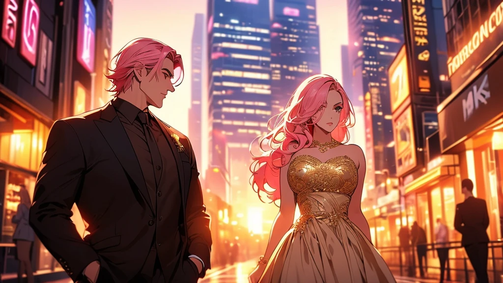 a beautiful woman with pink hair wearing a beige dress, striking eyes, posing in an urban landscape, black jacket, golden hour lighting, shallow depth of field, romantic first date atmosphere, intricate detailed portrait, photorealistic, vibrant colors, cinematic lighting, elegant, graceful, alluring, sensual