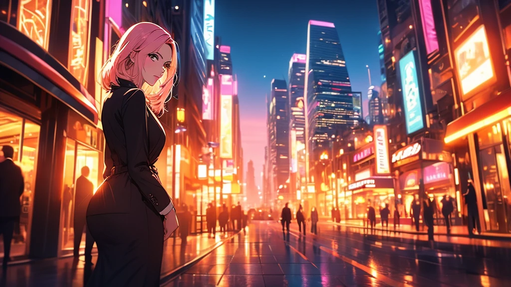 a beautiful woman with pink hair wearing a beige dress, striking eyes, posing in an urban landscape, black jacket, golden hour lighting, shallow depth of field, romantic first date atmosphere, intricate detailed portrait, photorealistic, vibrant colors, cinematic lighting, elegant, graceful, alluring, sensual