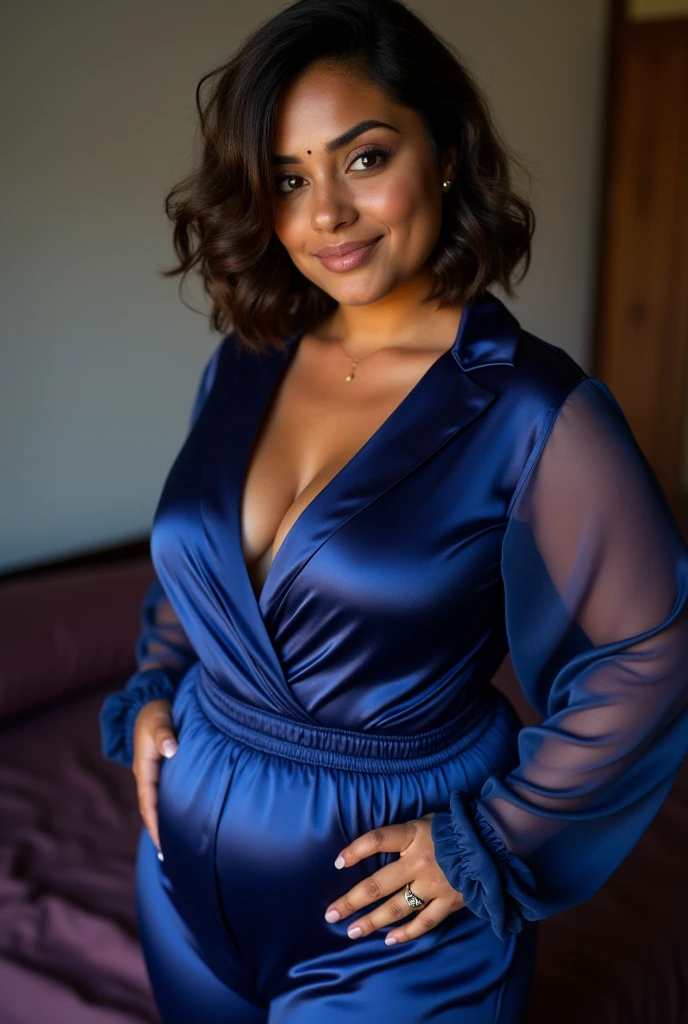 35mm lens, full length portrait, 34 year old pakistani woman, hard light, bedroom, ((slob)) wearing plum blue satin attire, (tight satin) , detailed face, 8k, detailed features, dark brown short hair, brown highlight hair, casual posing, human skin (visible facial pores:1.2), human skin has [visible|[(wrinkles:0.625)|small pores]] ((transparent sleeves)) skin texture, detailed skin (lipstick) (half sleeves attire)  (hot mom) wide hips, thick thighs, , thick thighs, wide waist, sexy, hot woman, (transparent clothes) sexy satin, dslr, 8k,(smiling)